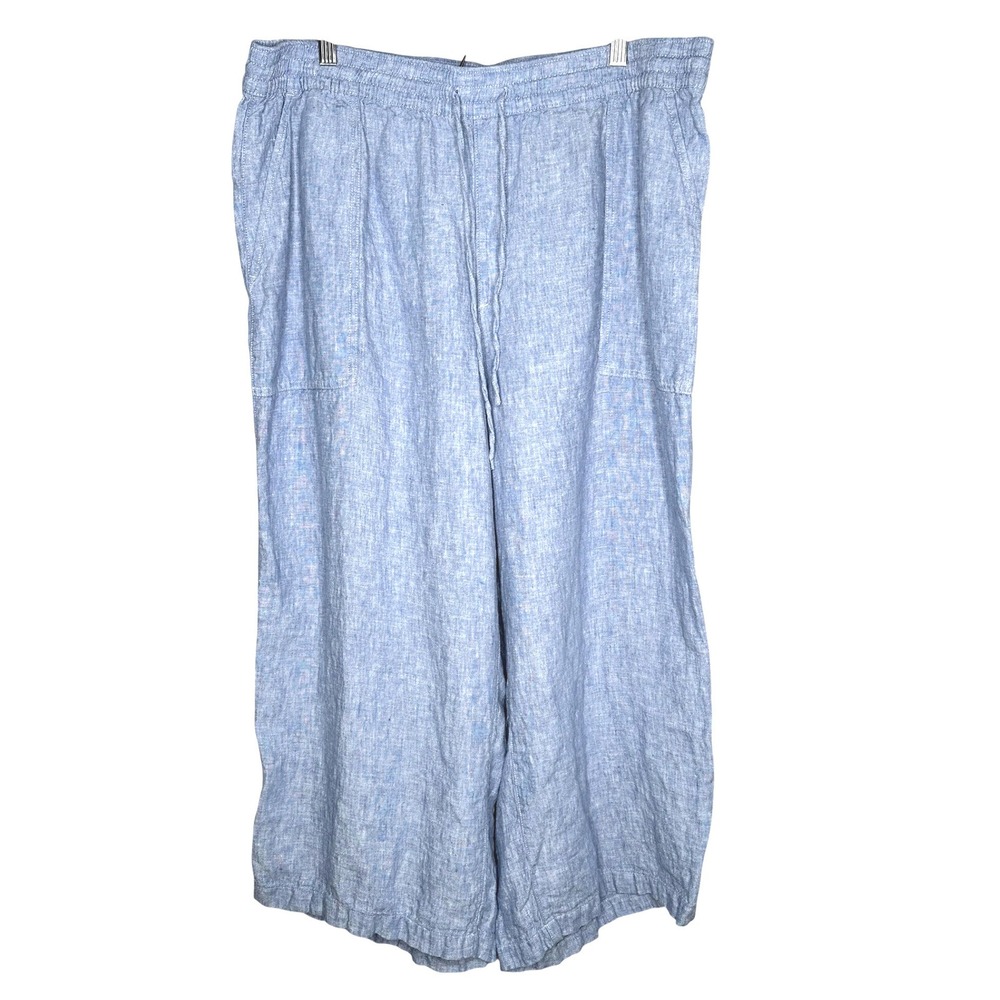 Light Blue Wide-Leg Linen Pants Capri Cropped